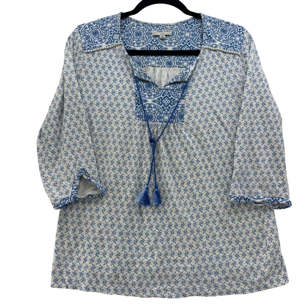 Anne Klein 100% Cotton Blue White Floral Print Tunic Top Pom Pom Trim Size‎ S/CH